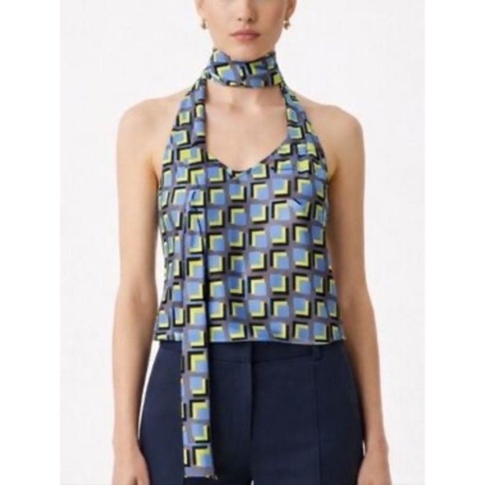 Wildfang Empower Satin Cami Women Small Blue Geometric Halter Scarf Neck Top